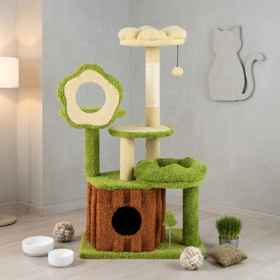 Resenkos Cute Multi-Level Cat Tree for Adult Cats with Trunk Condo, Green