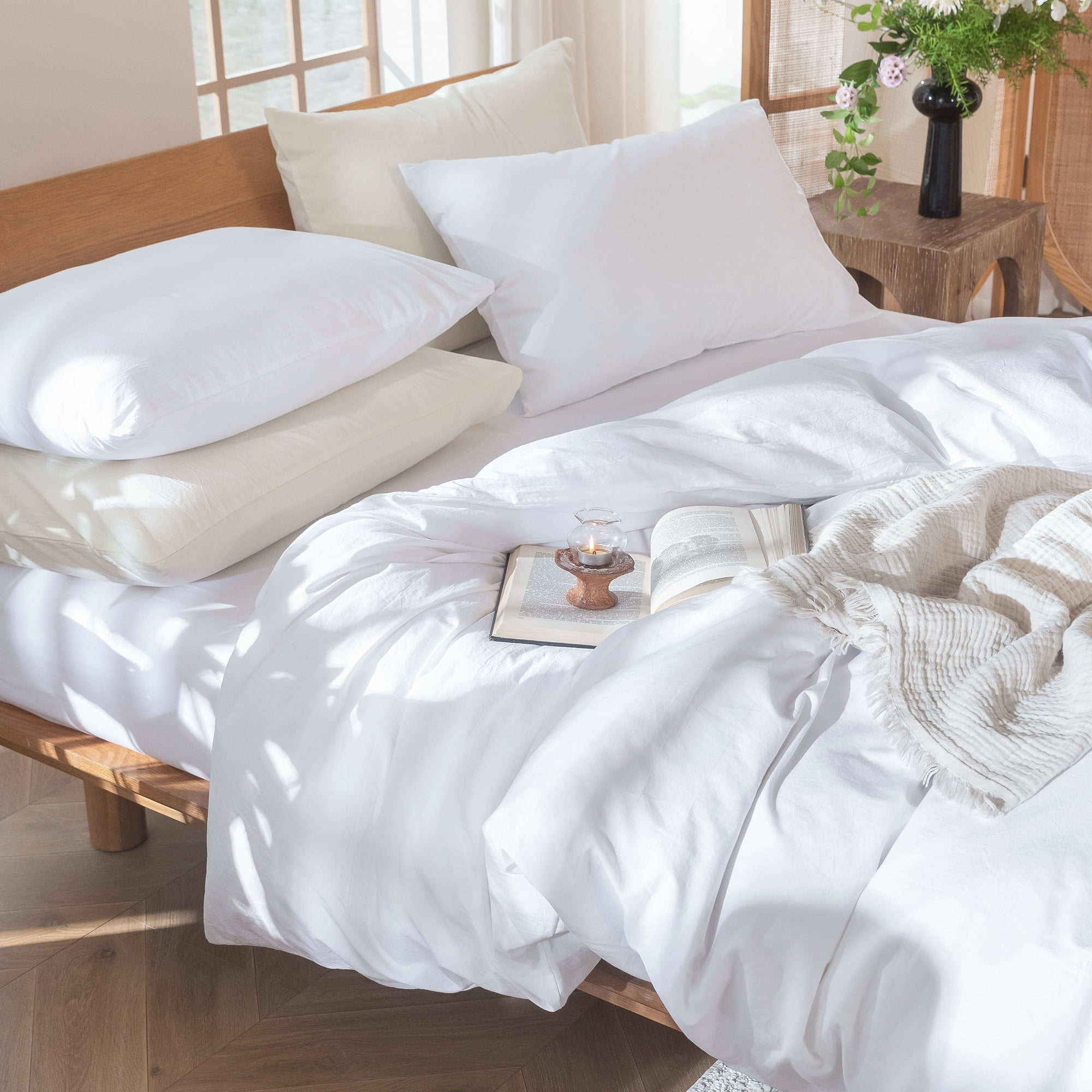 MooMee 100% Washed Cotton Duvet Cover Set King Size Linen Like Textured Breathable Lightweight 3-Piece (Bright White, 104"x90")