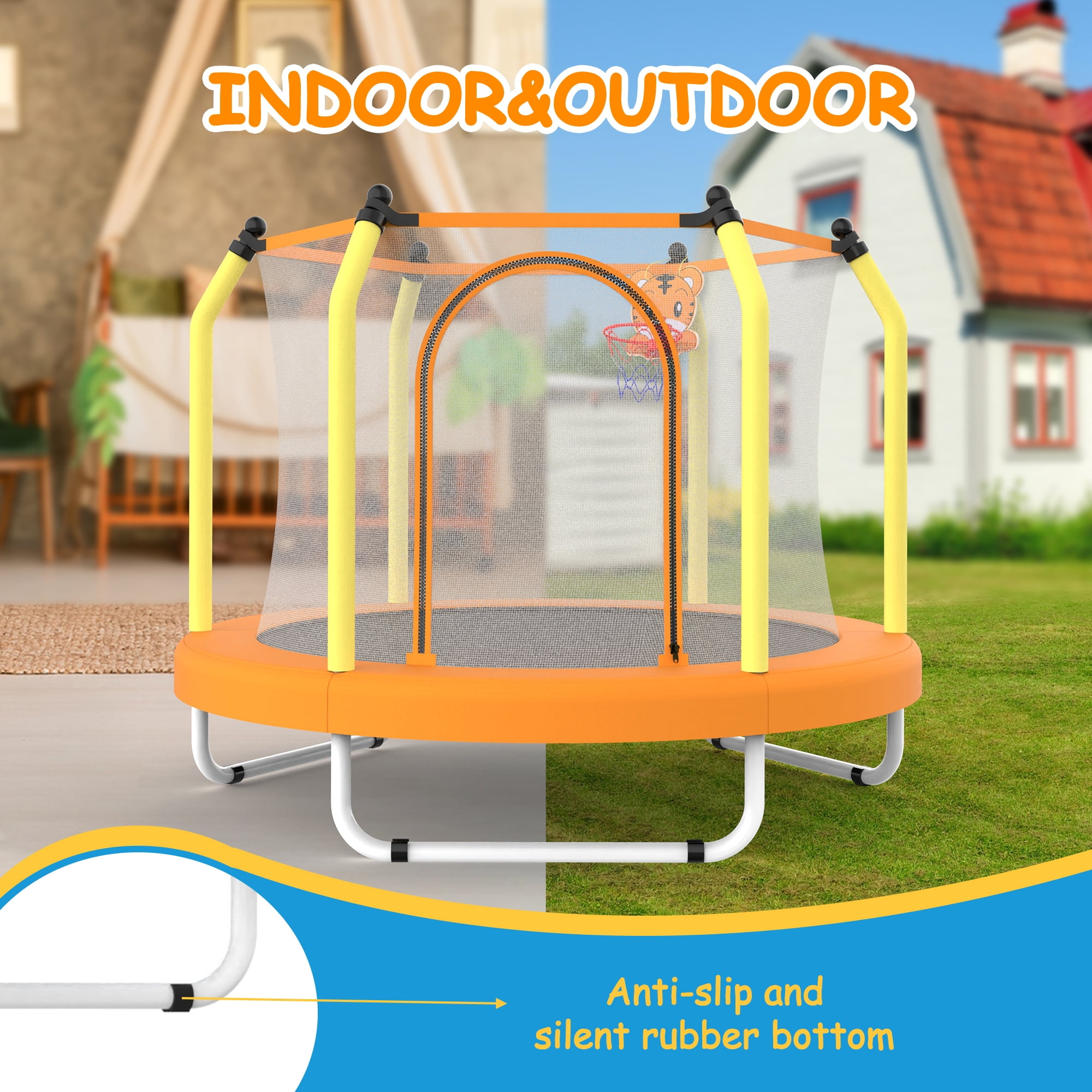 Leumius 55inch Trampoline for Kids, Outdoor Mini Trampoline with Enclosure and Basketball Hoop, Yellow