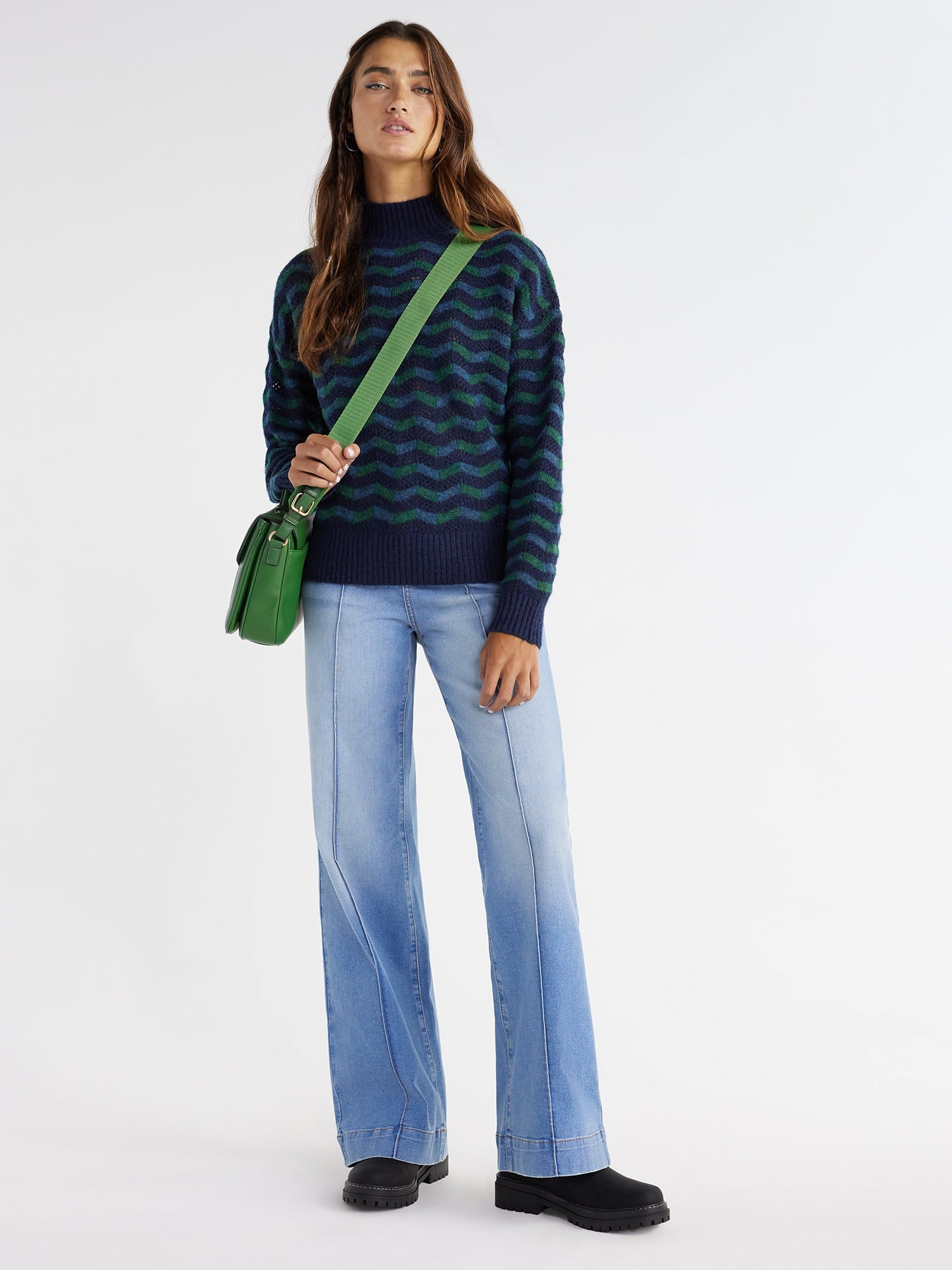 Time and Tru Women's Wide Leg Jeans with Seam Details, Available in Regular, Short, Long Inseams, Sizes 0-22