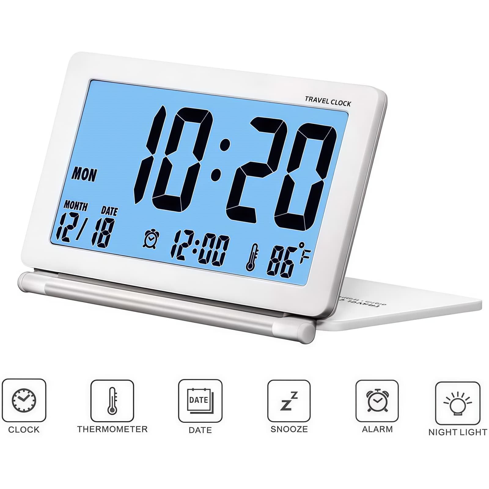 HYEASTR Travel Alarm Clock - Digital with Large LCD Screen, Blue Backlight, Calendar, Snooze and Temperature Display