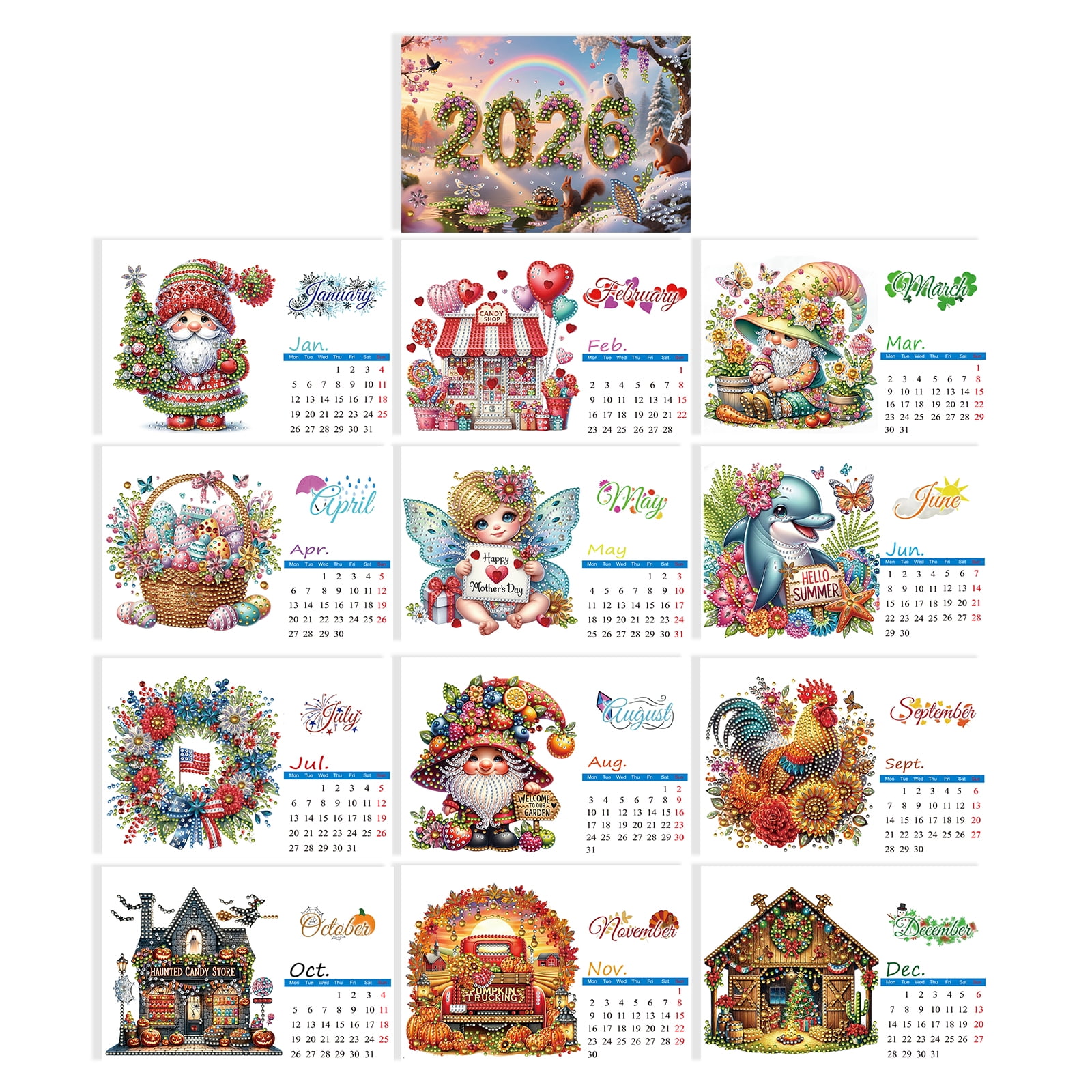 FLOPESN 2026 Desk Calendar DIY Diamond Painting Craft Kit – Complete Paper Calendar with Special Drills, Holiday Wreath & Gnome Themes for Home Office Decor-Mountain Squirrel