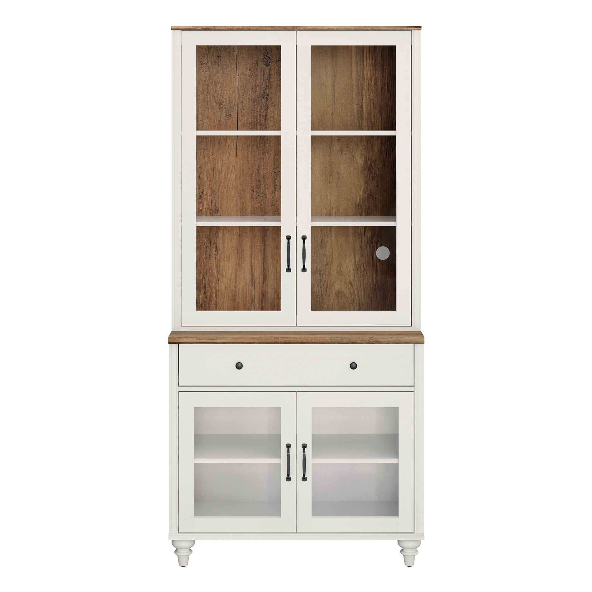 72.1"H × 33.9"W Farmhouse Wooden Bookcase with Glass Doors and Drawer, Large Storage Bookshelf for Living Room, Bedroom, Home Office & Kitchen, White