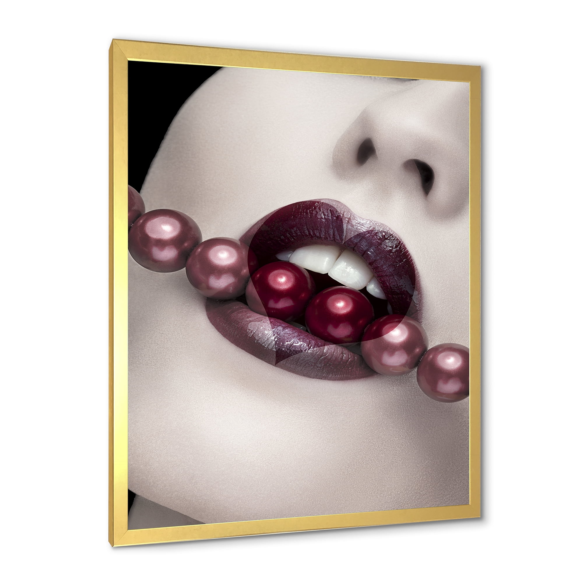 Designart 'Pearls Through Mouth With Heart Shape Lips' Modern Framed Art Print