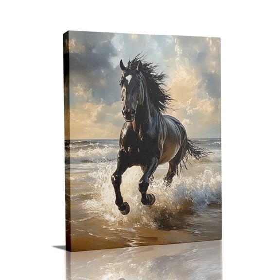 Wallume Store Black Stallion Running on Beach 12 in x8 in Framed Dynamic Canvas Wall Art Canvas Art Prints
