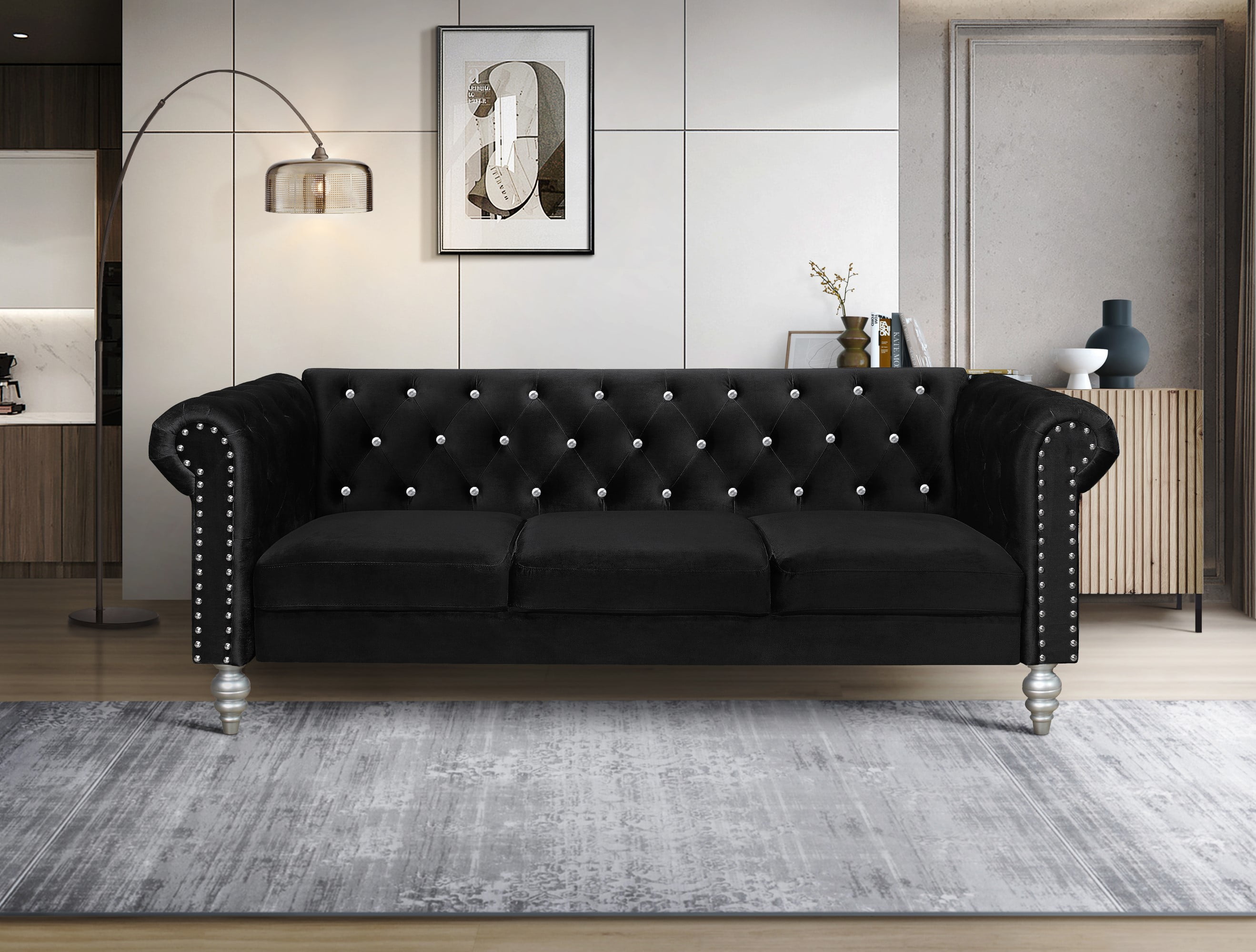 Home Design Emma Contemporary Velvet Rolled Arm Chesterfield Sofa with Diamond Button Tufted Back and Nailhead Trim, Wood-Turned Legs, Modern Luxury, Black