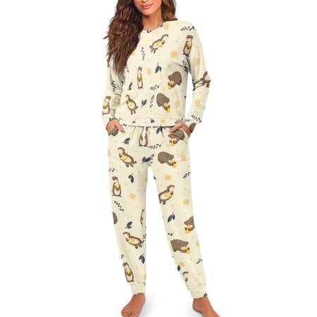 Yuyamidu Otter Pajama Set for Women 2 PCS Lemon Pajamas for Travel Yoga Cute Yellow Scoop Neck Nightwear Size XL Loose Fitting Long Sleeve Sleepwear with Pockets