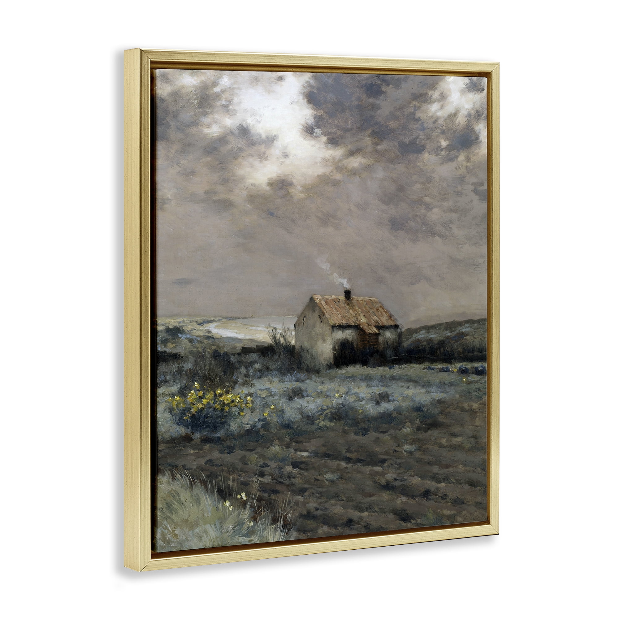 Cabin in Overcast Field Gold Framed Floater Canvas Wall Art, design by Lettered and Lined