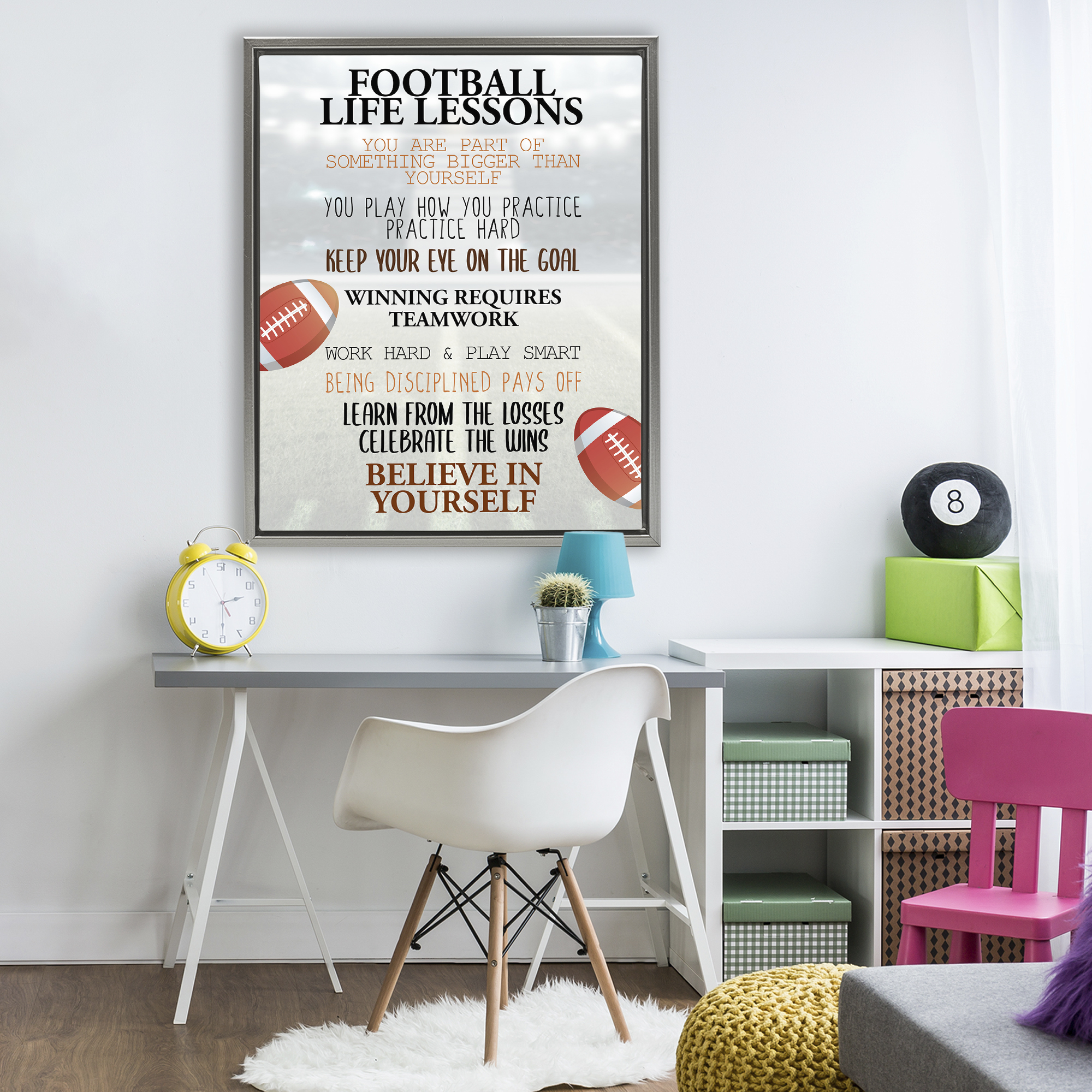 Football Life Lessons Gray Framed Floater Canvas Wall Art, design by Kim Allen