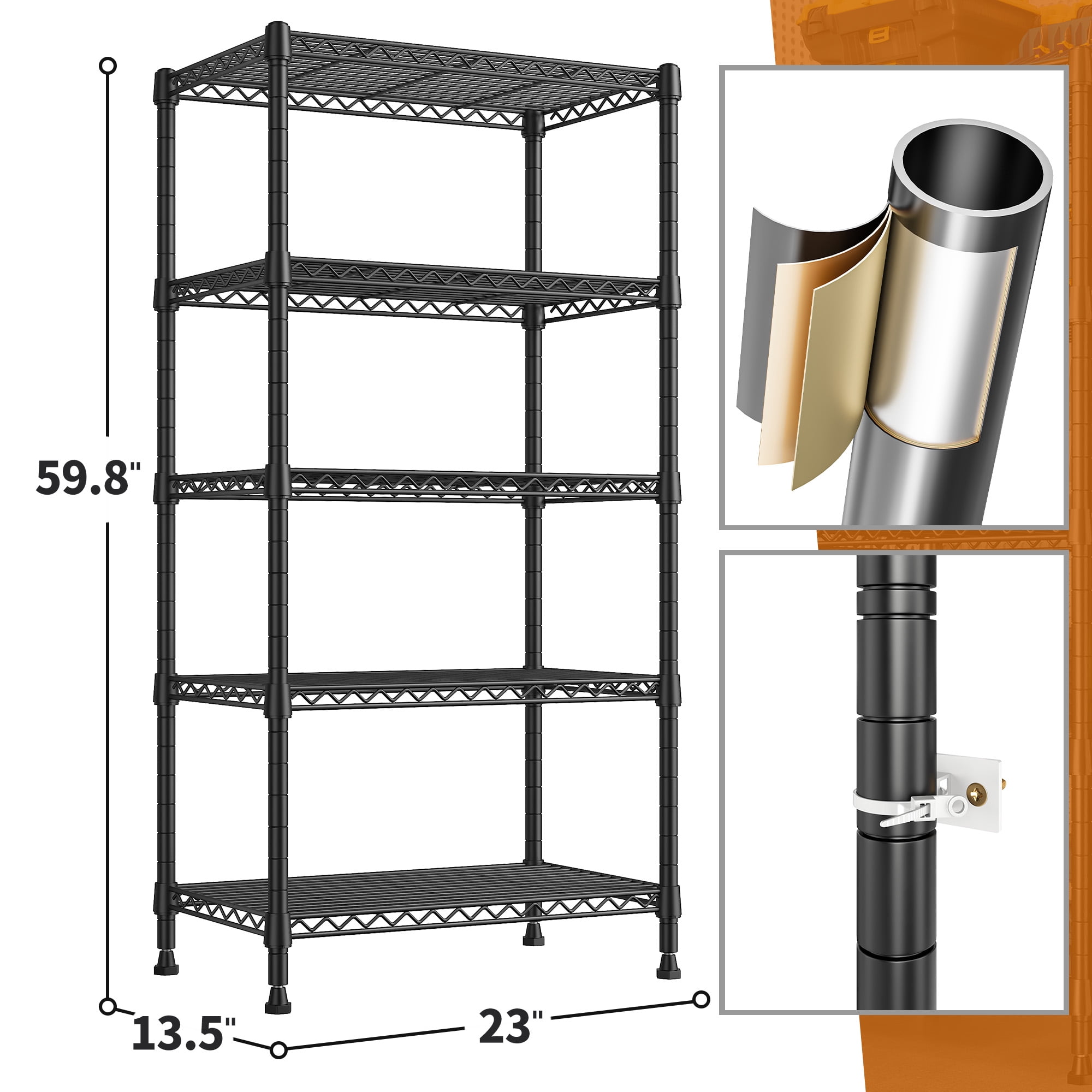 REIBII 5-Tier Wire Shelving Metal Storage Shelves, 1015 lb Capacity, 13.58 x 21.45 x 60 in, Black