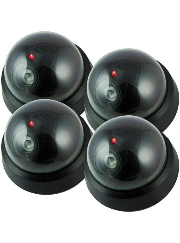 Fake Camera, Fakes Security Camera Outdoors, Dummy Dome Security Camera, Wireless Surveillance System Realistic Look with Flashing red LED Light for Home or Business Pack of 4