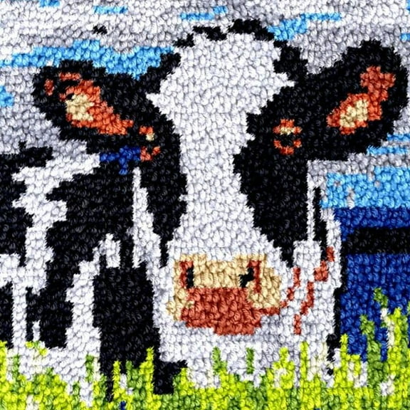 Square Latch Hook Kits Rug DIY Dairy Cow in Grass Cushion Tapestry Making Crochet Hook Rug Making Kits Color Preprinted Pattern Canvas DIY Carpet Needlework Crochet Kits Home Decor 40x40cm