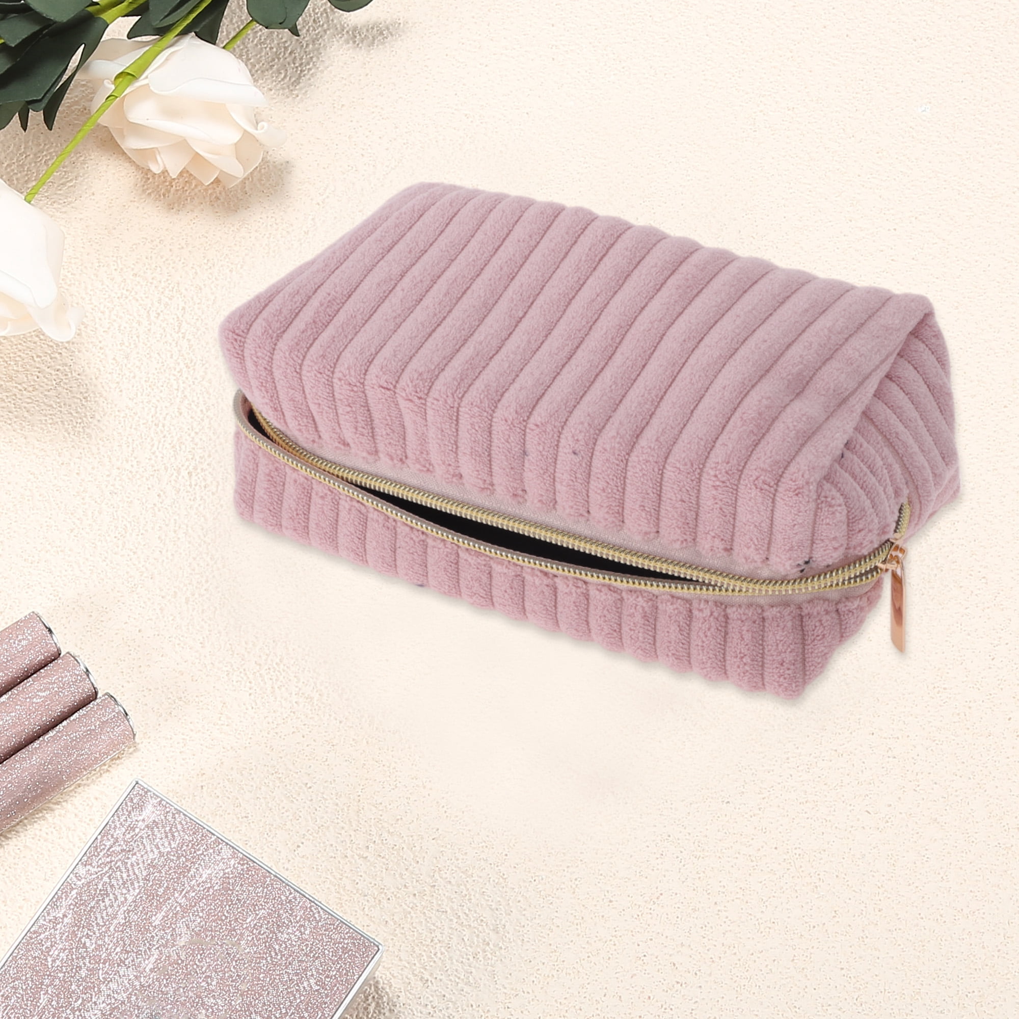 Unique Bargains 1 Pc Vertical Stripe Pattern Makeup Bag Pink
