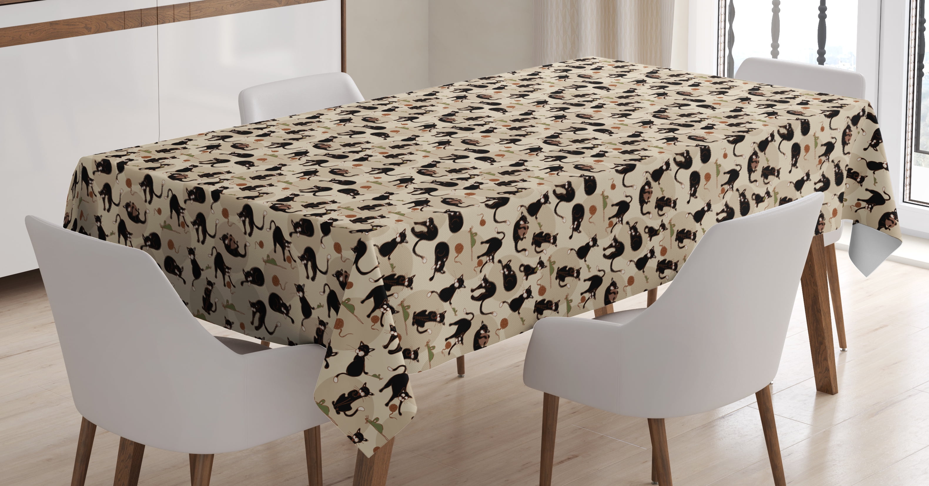 Cat Tablecloth, Hand Drawn Feline Pattern House Pet Playing with Mouse
