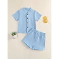 thumbnail image 4 of BemeyourBBs Toddler Baby Boy Summer Clothes 2 Pieces Cotton Linen Outfit Solid Color Mock Neck Short Sleeve Button Down Shirt and Shorts Set, 4 of 9