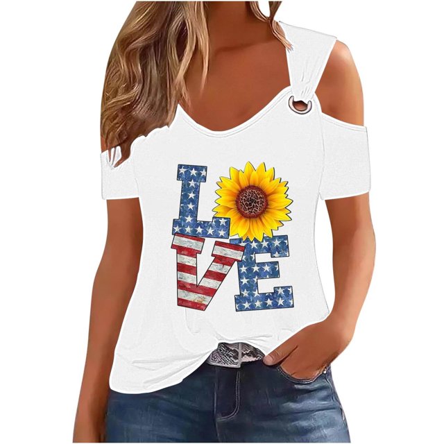 Tops de Hombro Frío para las Mujeres Día de la Independencia Impreso Fuera Del Hombro Blusa con Cuello en V, Fuera Del Hombro de las Mujeres