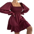 thumbnail image 2 of Femmes Mini A-Ligne Robe Sexy Manches Longues Col Carré Volants Smoked Robes Unies Abricot XL, 2 of 5
