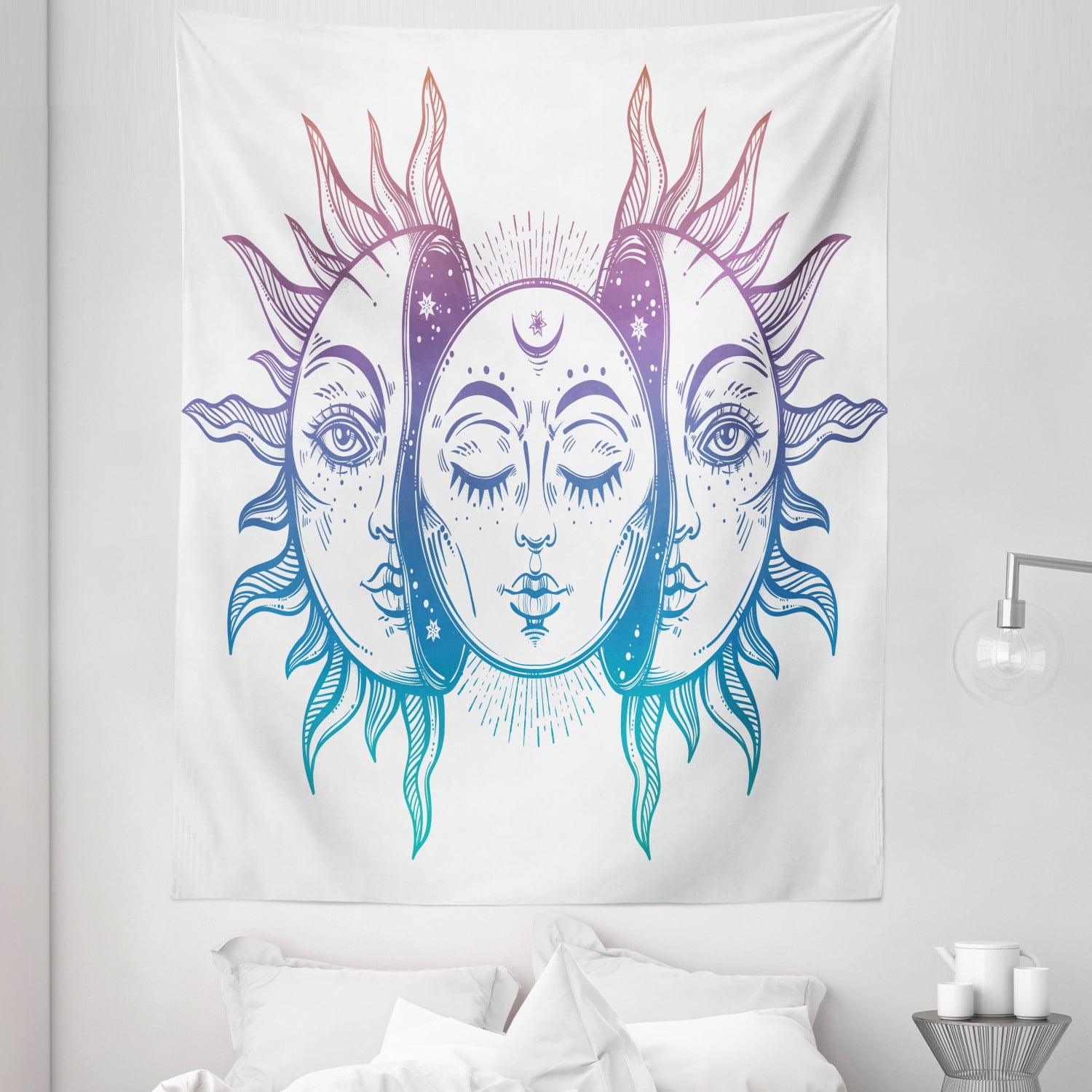 Moon Tapestry, Psychedelic Representation Heavenly Bodies Faces Eastern