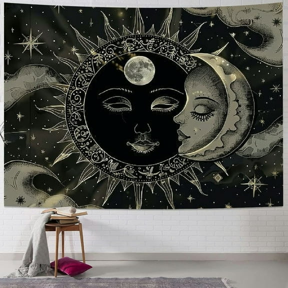 BCIIG Sun and Moon Tapestry Sun with Stars Black and Beige Psychedelic Popular Mystic Aesthetic Tapestries Wall Hanging For Room