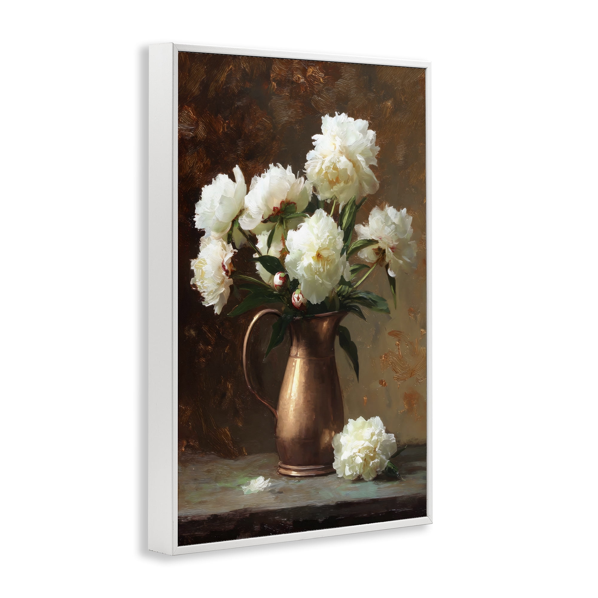 Stupell Industries Bronze Vase Peonies White Framed Giclee Art, design by Petal Prints Design