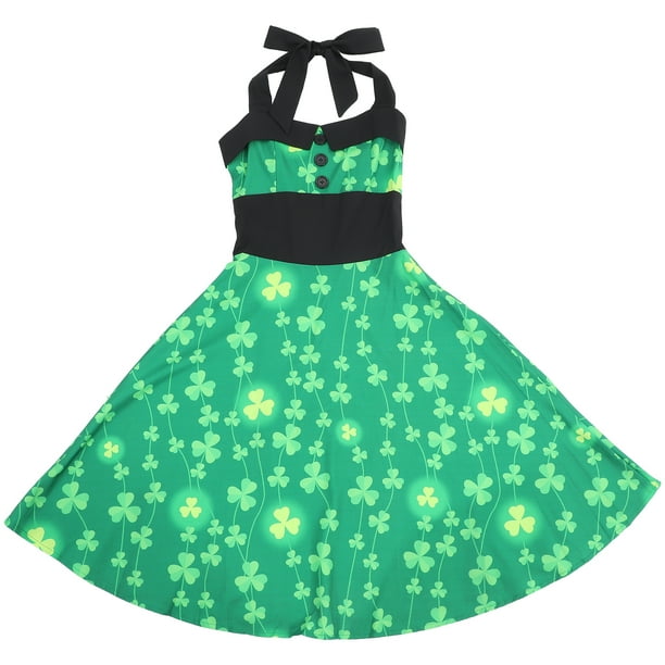 FELTECHELECTR Vestido de moda con cuello redondo, cintura alta y escote cruzado, estampado de trébol para el Día de San Patricio, talla M (verde)