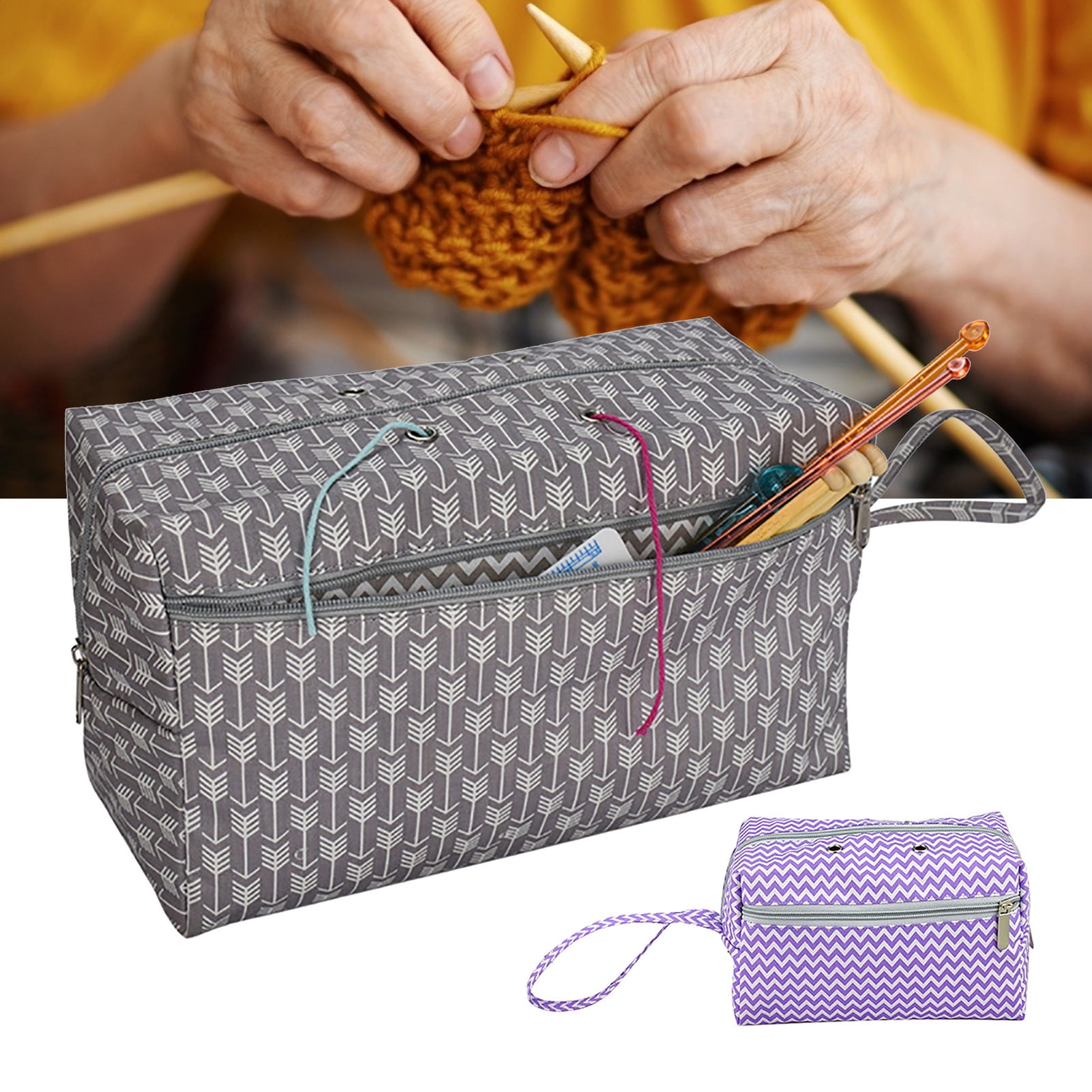 Pavilia Knitting Bag Crochet Organizer, Yarn Storage Tote Accessories  Supplies Project Case, Holder Grommets, Needles Hooks Essential (chevron  Gray) : Target