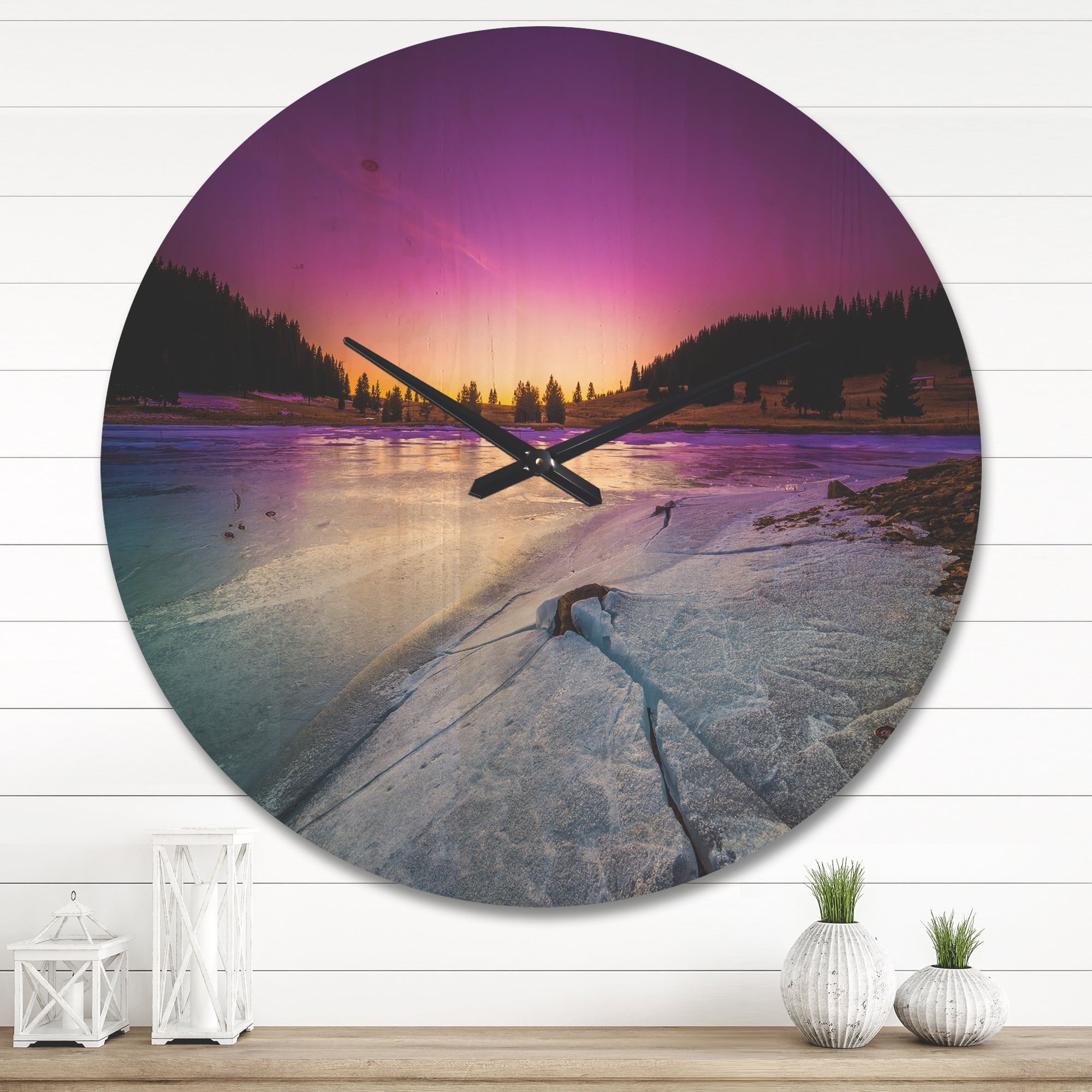 Designart 'Dawn over Frozen Lake ' Modern Wood Wall Clock