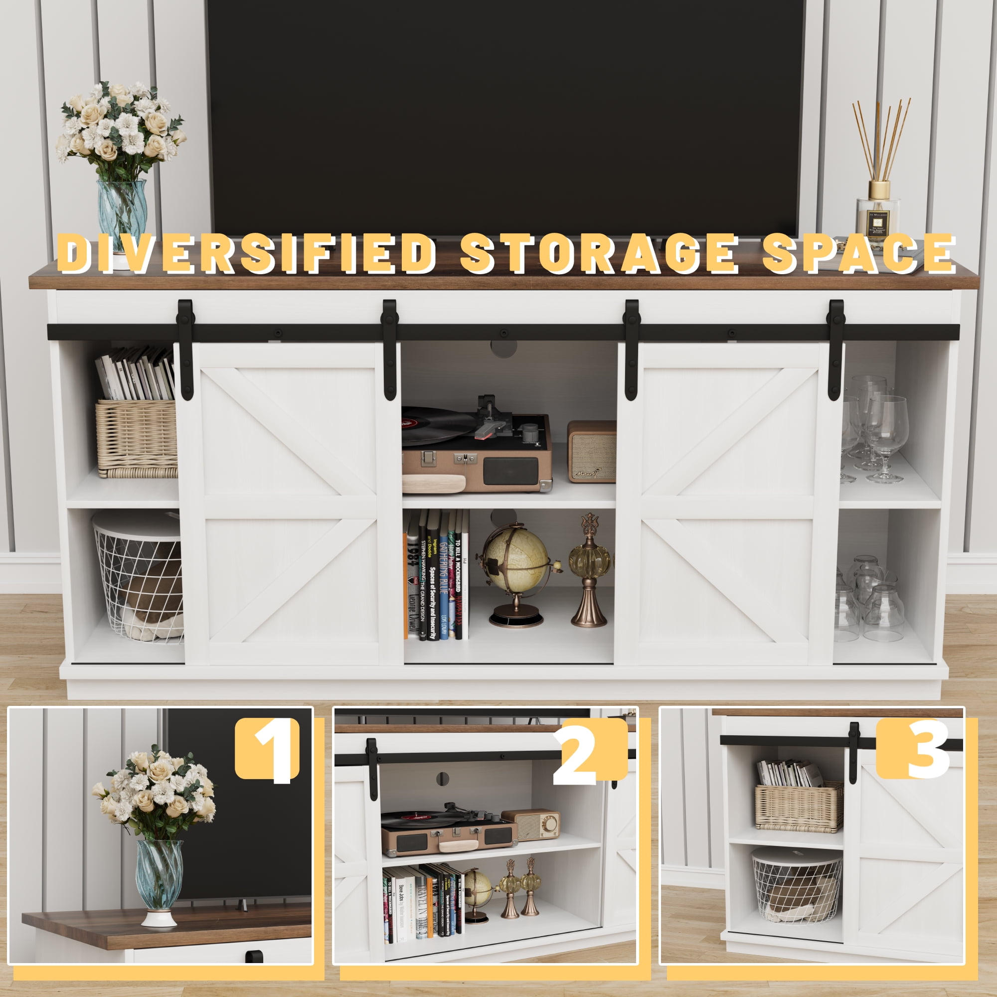 Vineego 58 inch Farmhouse TV Stand and Entertainment Center for Televisions,with Sliding Barn Doors and Storage Cabinets,Milk White