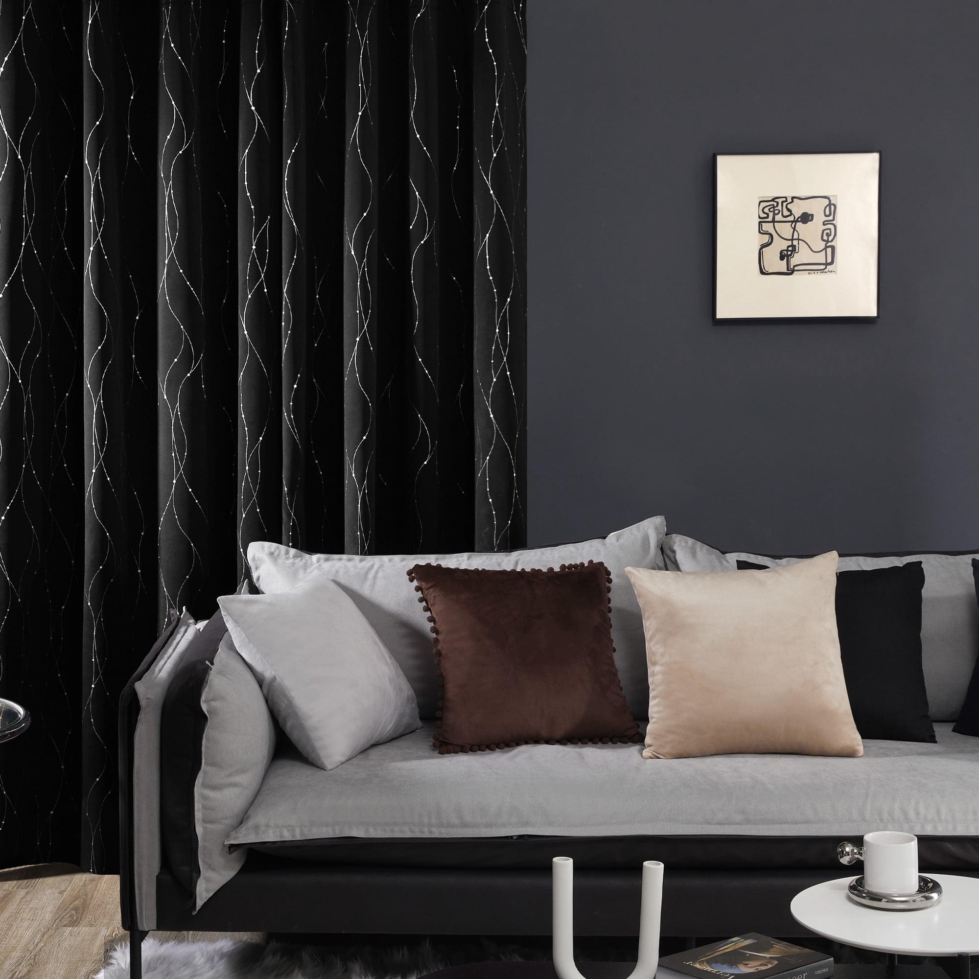 Deconovo Black 42 x 63 inch Blackout Curtains Wave Line Foil Printed Drapes for Bedoom, 2 Panels