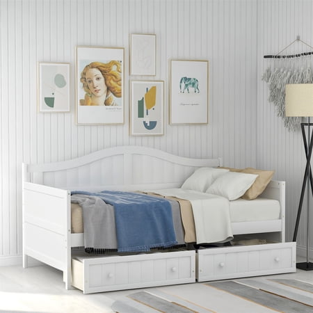 Twin Wooden Daybed with 2 Drawers  Sofa Bed for Bedroom Living Room Guest Room  Durable Bedroom Furnishings  Daybed Sofa Bed Frame for Kids Adults  No Box Spring Needed  White