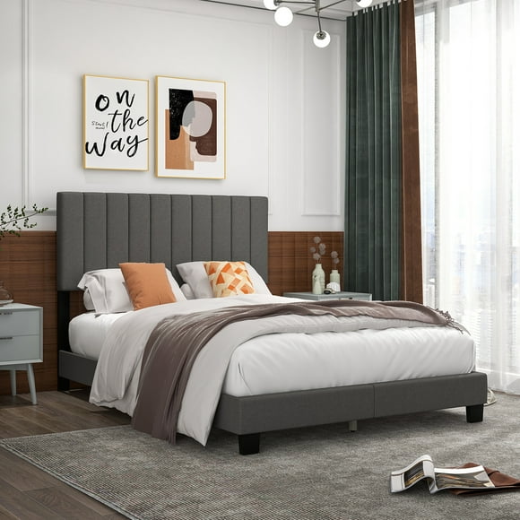 Costway Queen Upholstered Platform Bed Frame Mattress Foundation Box Spring Needed Gray