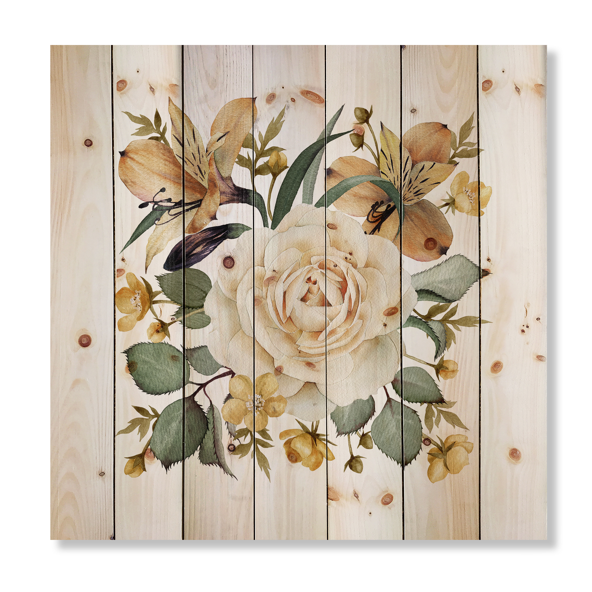 Designart 'Ancient White Rose' Traditional Print on Natural Pine Wood