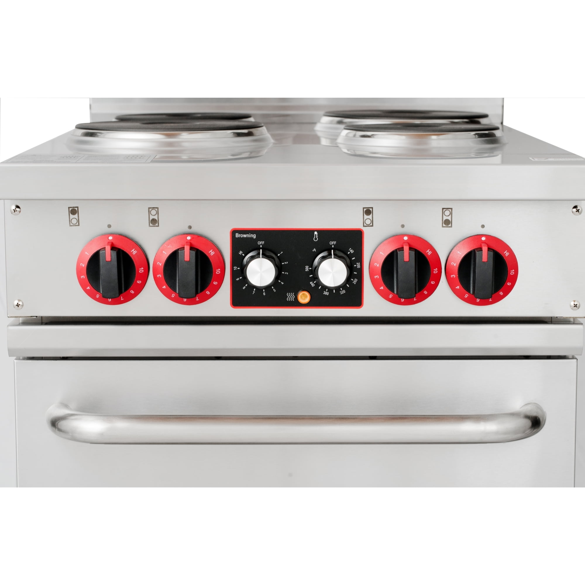 24 In. Commercial Electric Range with 4 Burners and 1 Standard Electric Oven in Stainless Steel - 208V 3 Phase