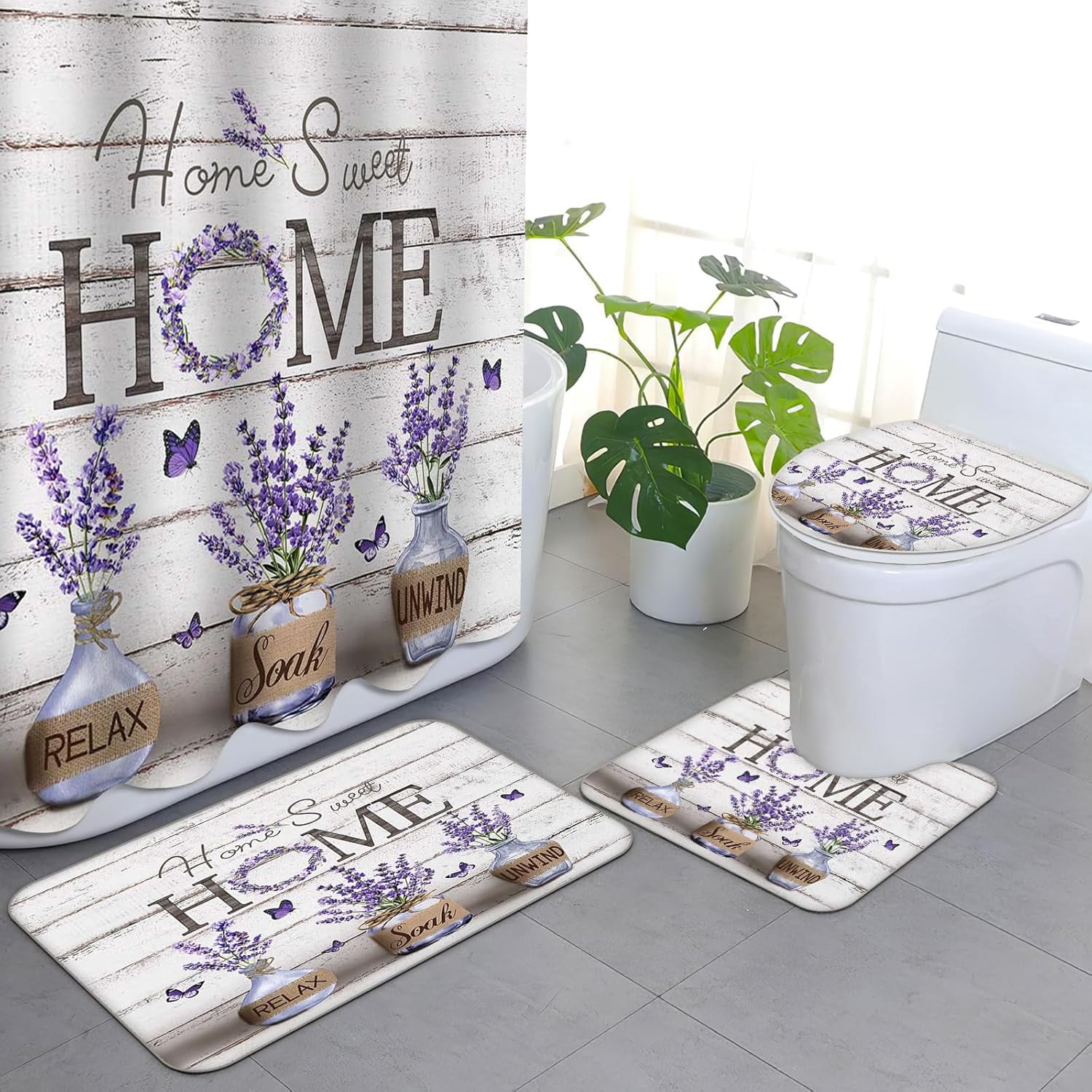 4PCS Farmhouse Shower Curtain Sets for Bathroom, Green Eucalyptus Rustic Bathroom Set with Shower Curtain and Rugs, Country Style Home Sweet Home Vintage Bathroom Decor Accessories
