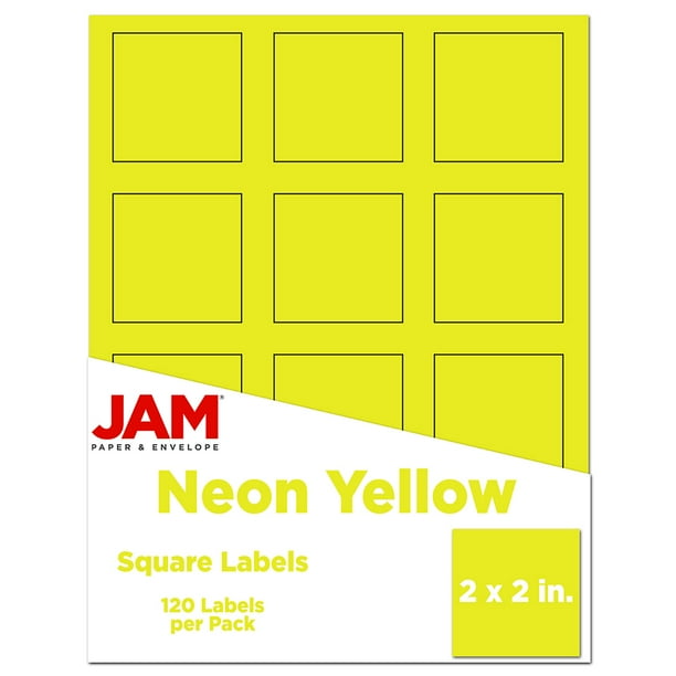 JAM Square Address Labels, 2x2, Neon Yellow, 120/Pack