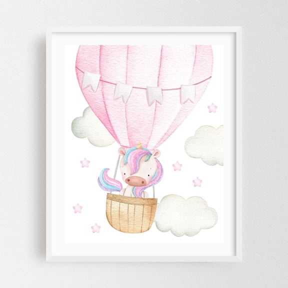 Pink Hot Air Balloon, Magic Unicorn, Stars, Girl Nursery - Illustration Whimsical Watercolor Pastel Hot Air Balloon Animal White Framed Wall Art Print 11 x 14 inches
