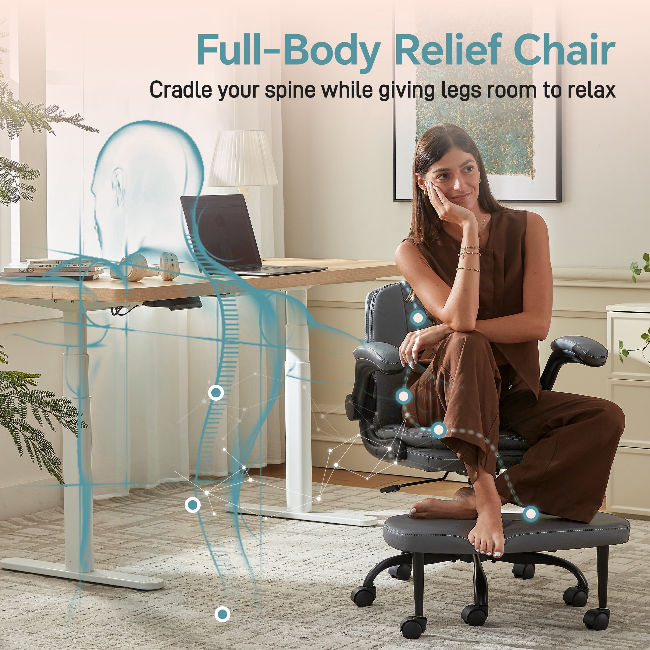 Dhole High Back Ergonomic Office Chair - Adjustable Swivel Chair with Lumbar Support, Flip-Up Arms, Retractable Footrest & Brown Diamond PU Leather for Home Office Desk-Gray
