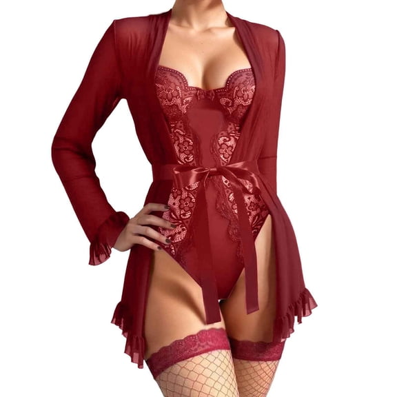 Ladies' European And And Sexy Lace See Through Lace Up Dress Outer Robe Home Wear Set