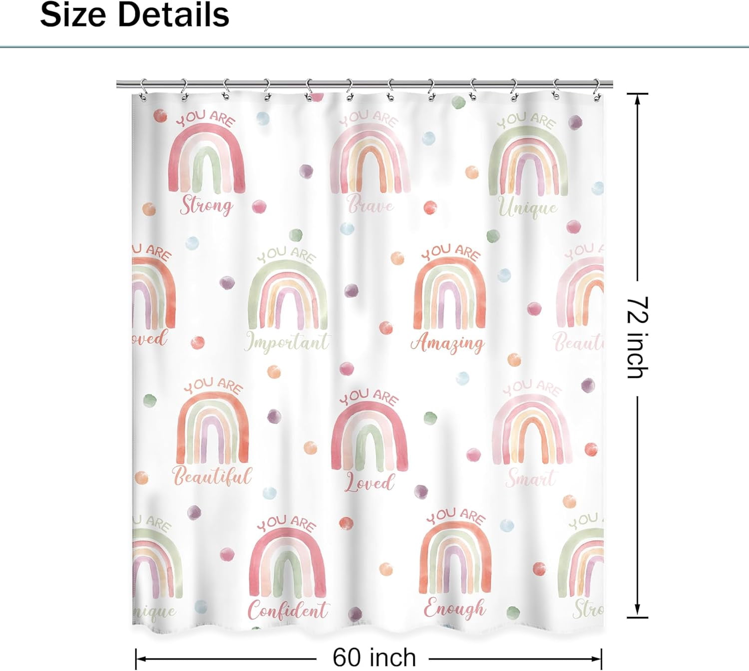 Kid Girls Shower Curtain, Boho Rainbow Cute Inspirational Quote Shower Curtain, Watercolor Pink Lovely Polka Dot You are 72Wx72L Inch Bathroom Set Bath Curtain Bathtub Accessories Home Decor