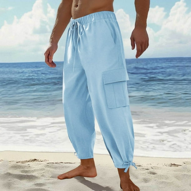 Pantalones largos para hombre, de color liso, holgados, informales, con bolsillos grandes, de lino, cintura elástica y cordón ajustable, de poliéster.