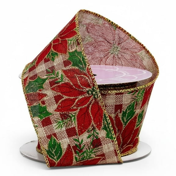 Poinsettia Plaid Christmas Tree Ribbon - 2 1/2" x 10 Yards, Wired Ribbon, Wreath