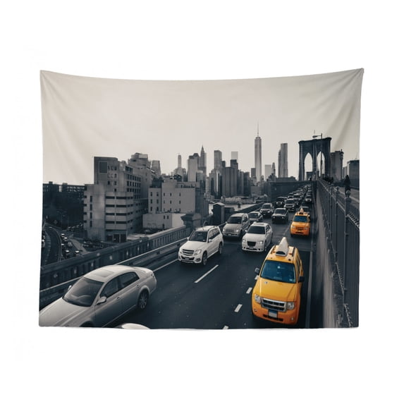 New York Taxi Tapestry, American Checker Cab Image and NY City Typography Art Print, Fabric Wall Hanging Decor for Bedroom Living Room Dorm, 2 Sizes, Pastel Green and Multicolor, by Ambesonne