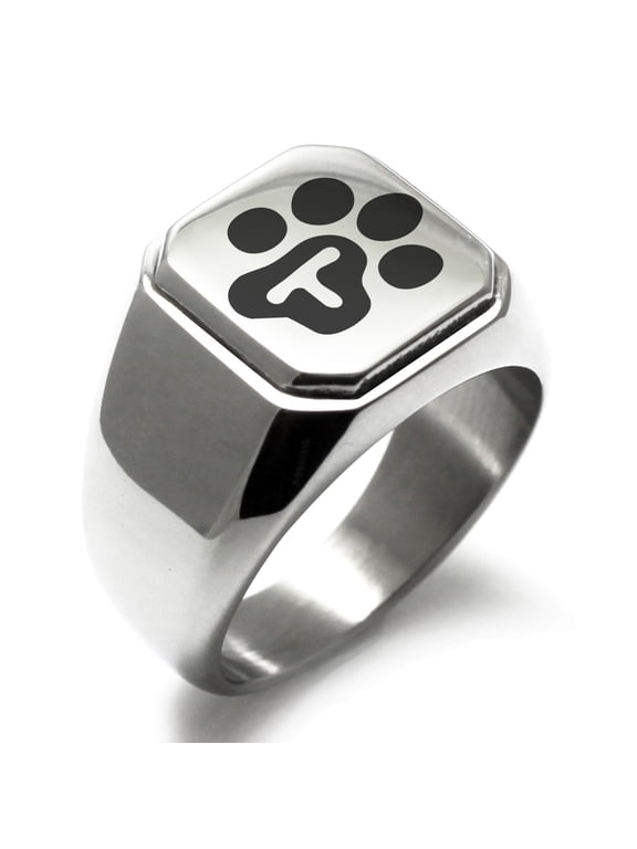 Stainless Steel Letter T Initial Cat Dog Paws Monogram Engraved Engraved Square Flat Top Biker Style Polished Signet Ring