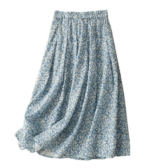 Women's Midi Skirt Floral Printed Elastic Waist A-Line Skirt Summer Casual Loose Beach Vacation Clothes for Women