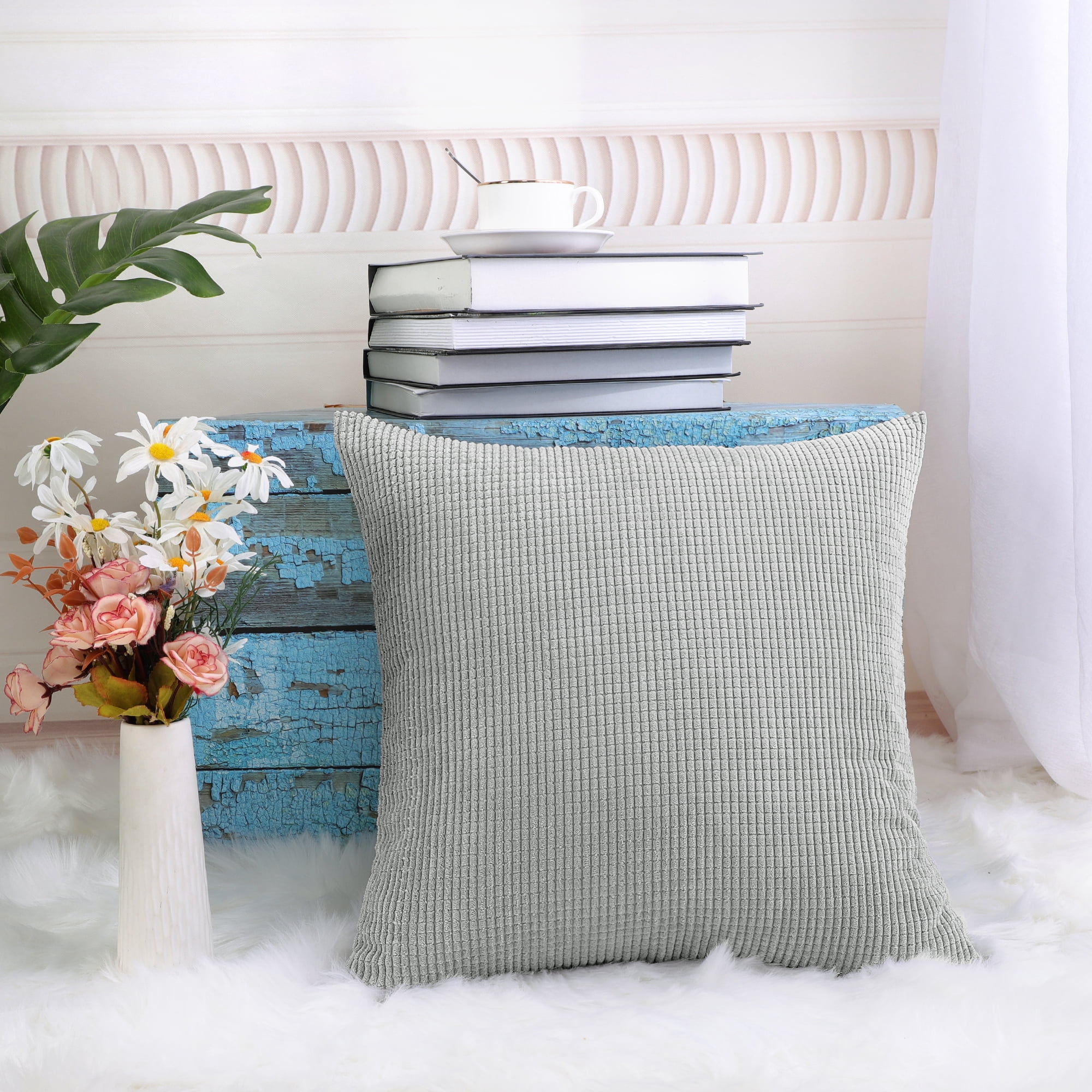 PiccoCasa Velvet Corn Striped Square Throw Pillow Covers, Grey, 18"x18"