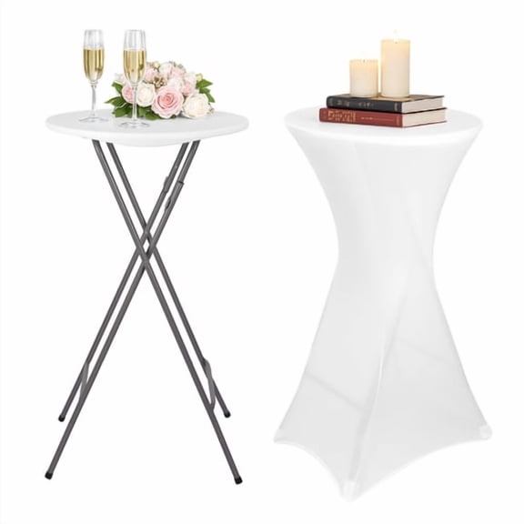 Ruestay 2 Pack 24 in Folding Round High Top Table, Cocktail Table, with Spandex Stretch Table Covers, Tall Bistro Foldable Bar Height Table for Parties, Patio, White