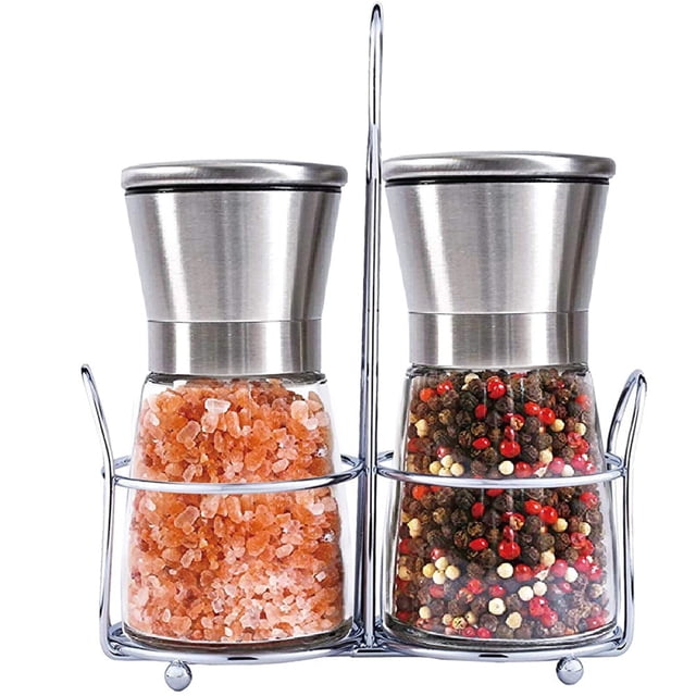 Molinillo de sal y pimienta, juego de 2 con soporte, molinillo de cerámica, perfecto para sal del Himalaya y granos de pimienta, molinillo de sal