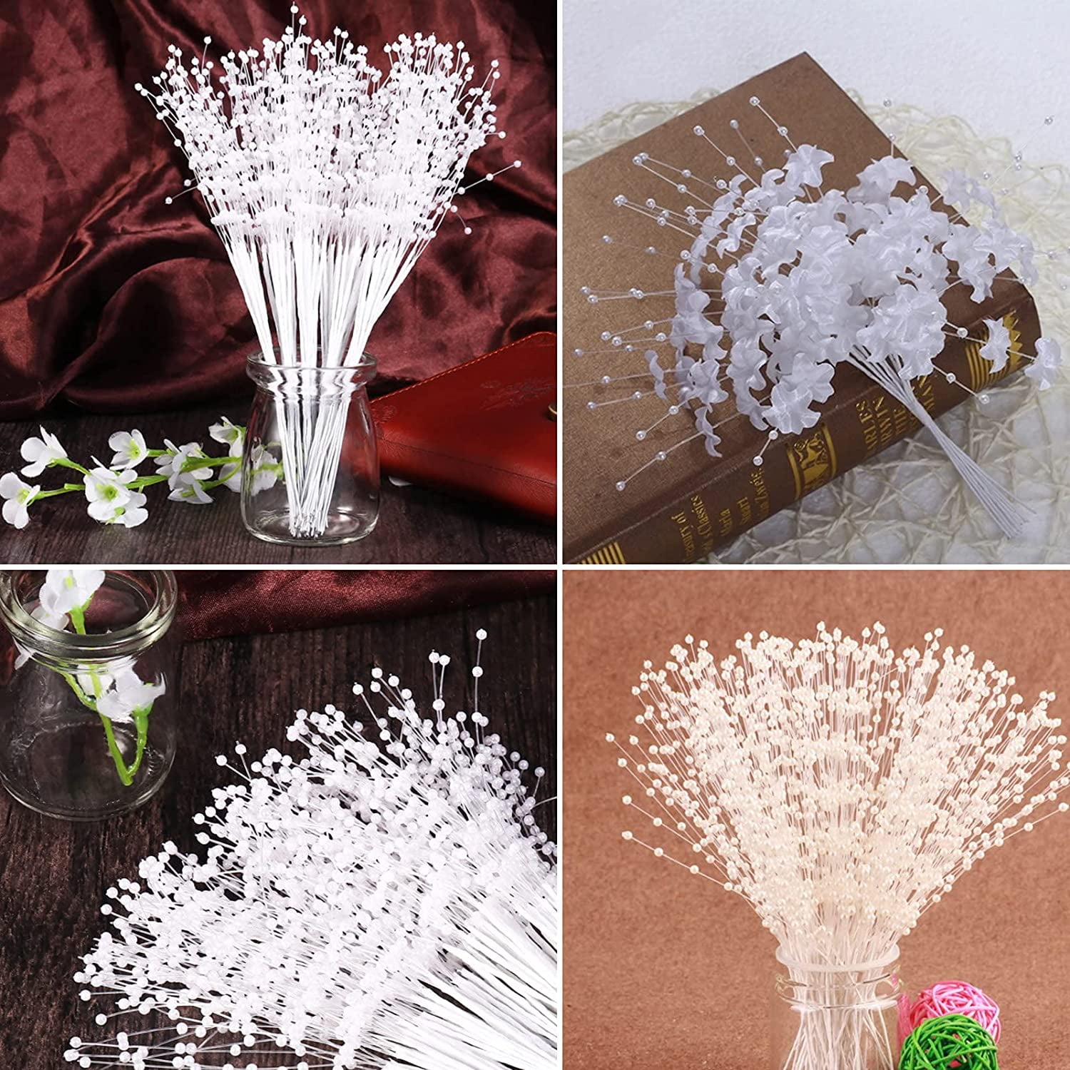 Numblartd 100 String Imitation Pearl Flower Bouquet Sticks - 4MM ABS Pearls  Beaded Wire Stems String DIY Crafts Accessories for Wedding Bridal Party