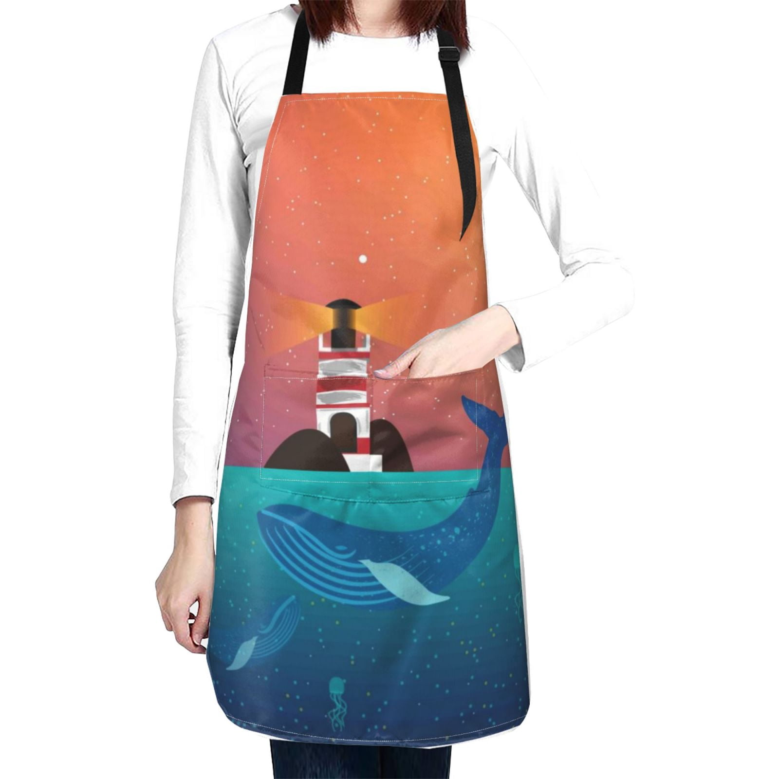 Kdxio Lighthouse and Whale Apron with Pockets Adjustable Kitchen Aprons for Men Women Waterproof Aprons for Cooking,Drawing,Crafting, Baking Household Cleaning