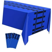 Fuliko 3-Piece Railroad Train Track Tablecloths, Blue Plastic Covers for Train-Themed Birthday Parties, 54 x 108 Inches